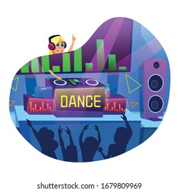 Advertising Banner in Written Dance Cartoon Flat. Flyer Fun Club Dance Party and Dj. Girl Works in Nightclub as Dj. Poster Nightlife People are Dancing Next to Stage. Vector Illustration.