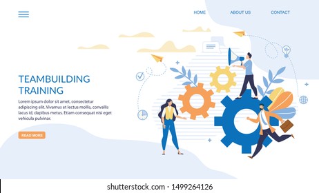 Advertising Banner Written Teambuilding Training. Flyer Creating High-quality Demanded Online Course. Training Will Bring Steady Income. Man Stands on Gear and Speaks into Loudspeaker.