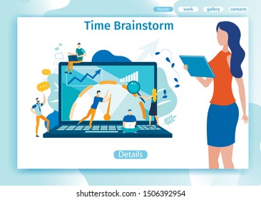 Advertising Banner is Written Time Brainstorm. Time Schedule for Meetings and Employee Performance Appraisal Meetings. Men and Women Work on Same Goal on Background Laptop. Vector Illustration.