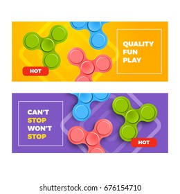 Advertising Banners with Fidget Spinners. Bright Colorful Vector Design Concept. Modern Relaxation Game. Template Funny Posters. Illustration of Popular Toy.
