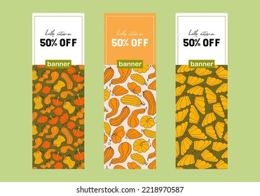 Advertising banners set. Autumn design template, hand drawn pumpkins, flat vector illustration