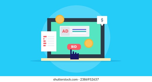 Advertising bid strategy, Bid for ad position, Paid marketing, Promotional content, Ad network - vector illustration with icon