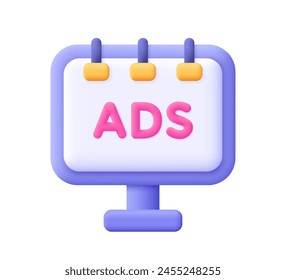 Advertising billboard with ads letter. Advertisement, marketing and promotion. 3d vector icon. Cartoon minimal style.