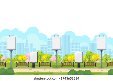 Advertising billboard. Light box and advertise banner template on street roadside. Outdoor billboard on summer park.