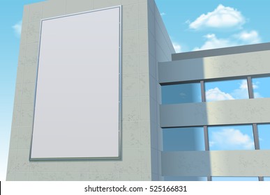 Advertising billboard template on the wall of city building with cloudy sky in flat style vector illustration