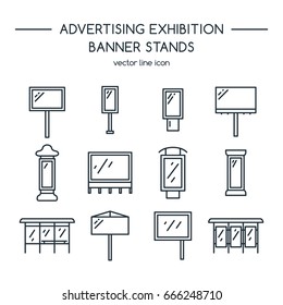 Advertising Billboards And Banner Display, Exhibition Stands. Line Icons Set.  