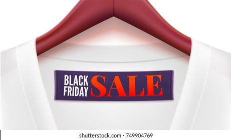 Advertising of Black friday sales. Clothing with tag hanging on hangers. Ad with black banner and white t-shirt for your design of posters, print design, creativity. Horizontal 3D illustration