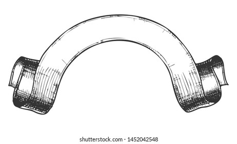 Advertising Blank Ribbon Arc Hand Drawn Vector. Designed In Medieval Style Curled Ribbon. Decoration Element Band For Business Promotional Sticker Monochrome Template Illustration