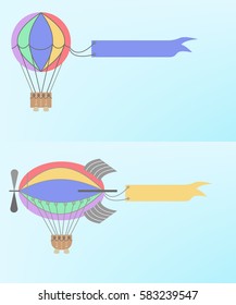 Advertising blimp airship set. Vector cartoon style background