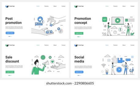Advertising blog post in social media, sales and discount promotion set vector illustration. Cartoon tiny people with megaphone, tools work on online marketing campaign, followers hands giving likes