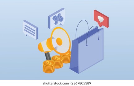 Werbung.auf blauem Hintergrund.3D-Design.isometrische Vektordesign-Illustration.