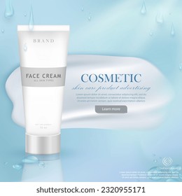 Advertising blue web banner with elegant cosmetic product. Promo poster with water drops, cream smear and skin care product in white realistic package on aqua fresh wavy ocean background