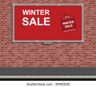 Advertising board mounted on wall with winter sale