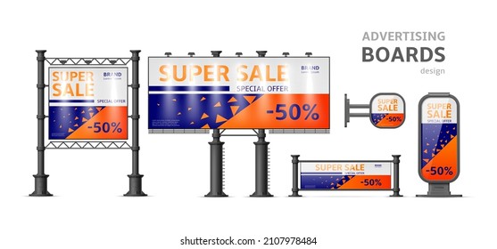 Paneles publicitarios. Grupo de carteles realistas. Diferentes tipos de gradas y cajas de luz. Objeto iluminado en carretera. Banners de venta y oferta especial. Señalización 3D. Vector