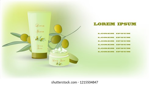 Advertising of body care products with the addition of olive oil. Vials of cream, lotion and olive branch on a green background.