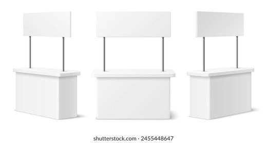 Advertising booth stand mockup. Isolated realistic 3d vector compact, attention-grabbing display designed to showcase products or services. White blank kiosk, counter desk, promo rack, table mock up