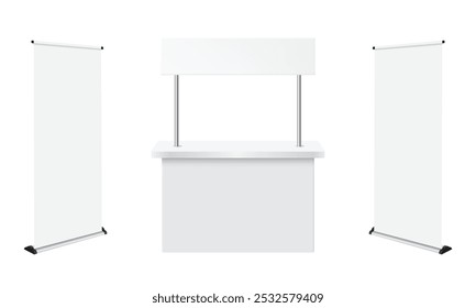 Mockup de suporte de cabine de publicidade, Roll-up banner retrátil suportes isolados vetor 3d realista compacto, exibição de captura de atenção projetado para mostrar produtos. Quiosque branco em branco, balcão 