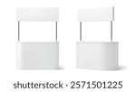 Advertising booth stand mockup for showcasing promotional material in commercial events or exhibitions. Realistic 3d vector cabins, angle and front view, blank surfaces ready for branding or marketing