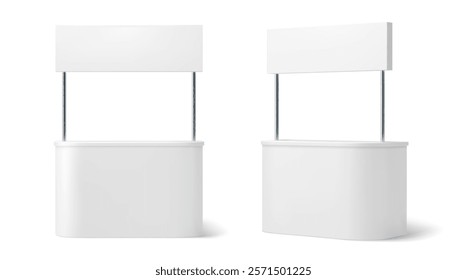 Advertising booth stand mockup for showcasing promotional material in commercial events or exhibitions. Realistic 3d vector cabins, angle and front view, blank surfaces ready for branding or marketing