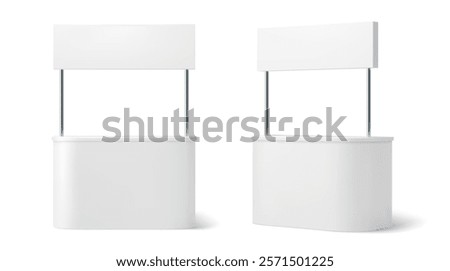 Advertising booth stand mockup for showcasing promotional material in commercial events or exhibitions. Realistic 3d vector cabins, angle and front view, blank surfaces ready for branding or marketing