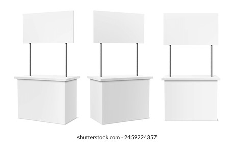 Advertising booth stand. Realistic 3d vector blank modern simple racks, displays or counters, promotional desks for exhibition or retail. Clean empty promo tables with signboard isolated white mockup