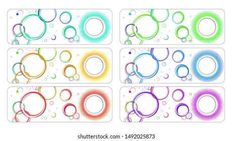 Advertising bright banner, abstract set, cartoon. Multi-colored horizontal posters. Pattern with bright circular lines. Information flyer with place for text. Vector illustration.