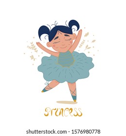 Advertising bright  banner cute little ballerina. Girl in  beautiful dress  dancing.  Princess. Kid with closed eyes enjoys music .Vector illustration in cartoon style.