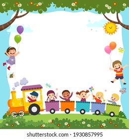 Advertising brochure template with cartoon of happy kids  on a train.