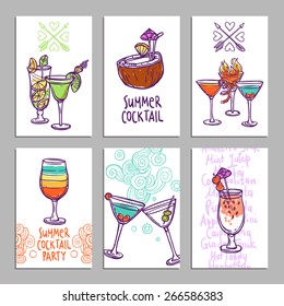 Advertising business cards set with hand drawn alcohol cocktails isolated vector illustration