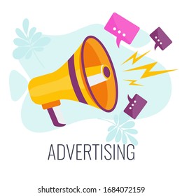 Advertising business concept. Megaphone sends messages. Marketing communications aimed at target audience. Promotion of goods and services for potential customers. Flat vector cartoon illustration.