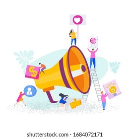 Advertising business concept. Tiny people near a huge megaphone. Promotion of goods and services for potential customers, target audience. Flat vector cartoon illustration.