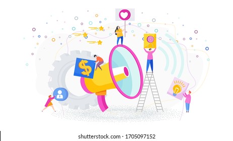 Advertising business concept. Tiny people near a huge megaphone. Promotion of goods and services for potential customers, target audience. Flat vector cartoon illustration.