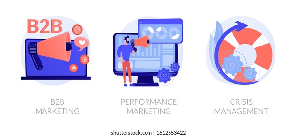 Advertising business icons set. Investment efficiency monitoring, problem solution. B2B marketing, performance marketing, crisis management metaphors. Vector isolated concept metaphor illustrations