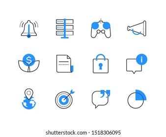 Advertising business and technology color icons set. Target marketing campaign, customer attraction and notification symbols. Computer server, gamepad, planet with GPS mark vector images