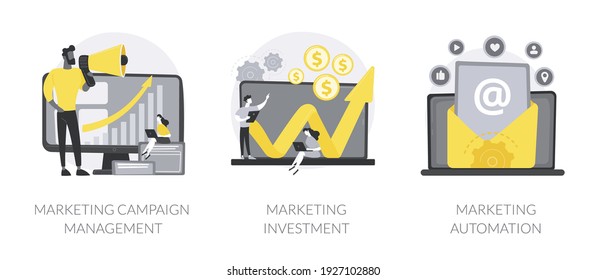 Advertising Campaign Abstract Concept Vector Illustration Set. Marketing Campaign Management And Investment, Automation System, Crm Software, Social Media Metrics, Online Platform Abstract Metaphor.