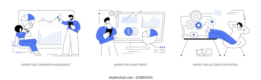 Advertising Campaign Abstract Concept Vector Illustration Set. Marketing Campaign Management And Investment, Automation System, Crm Software, Social Media Metrics, Online Platform Abstract Metaphor.