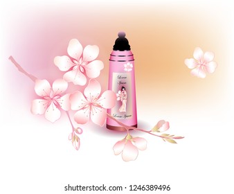 Advertising campaign of the cosmetic brand.Bottle with cosmetic and Sakura on pink background.