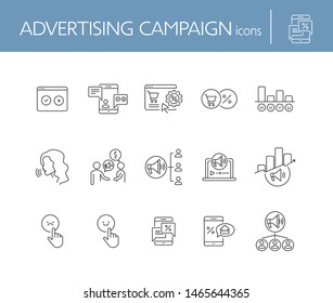 Advertising campaign icons. Set of line icons. Emodji with hand, screen with cart and percent. Finance concept. Vector illustration can be used for topics like banking, business