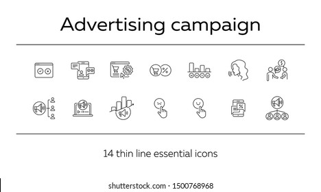 Advertising campaign icons. Set of line icons. Emodji with hand, screen with cart and percent. Finance concept. Vector illustration can be used for topics like banking, business