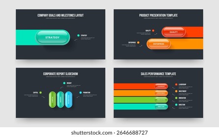Advertising Campaign One Two Three Four Option Diagram Slideshow Layout Vector Illustration Collection. Digital Review 1 2 3 4 Element Infographic Presentation Design Set.