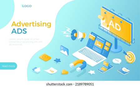 Advertising campaign. Promotion of goods and services using Outdoor Advertising, Internet ads, Direct marketing. Photo video ad in social networks, spam, billboard. Isometric vector illustration