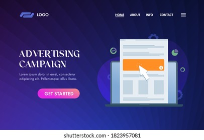 Advertising Campaign UI UX vector web template for website header, banner, slider, marketing landing page concept. A laptop display with internet online website large ad banner and mouse cursor icon