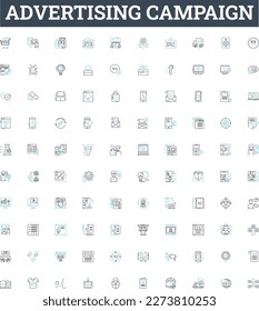 Advertising campaign vector line icons set. Ads, Campaign, Advertising, Promotion, Strategize, Design, Media illustration outline concept symbols and signs