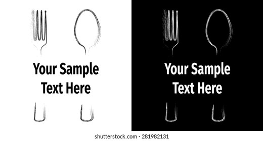 Advertising card with black and white spoon and fork, vector illustration