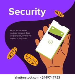 Advertising card of contactless cashless payment smartphone app. Promotion of NFC technology. People do banking transactions, pay purchases by online phone application. Flat vector illustration