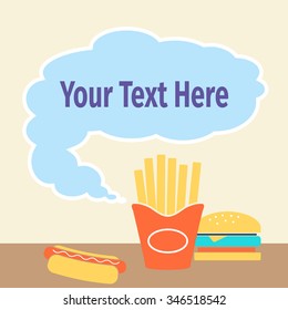 Advertising card for fast food with hot dog, fries and burger, vector illustration