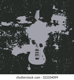Advertising card with guitar silhouette, grunge style, vector illustration