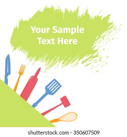 Advertising card with kitchen utensils, vector illustration