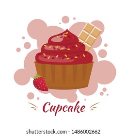 Advertising Card with Lettering Cupcake. Cartoon Sweet Dessert with Cream, Chocolate, Strawberry Presentation Poster. Vector Flat Illustration. Pastel Bubbles Design. Family Bakery Shop Menu Element