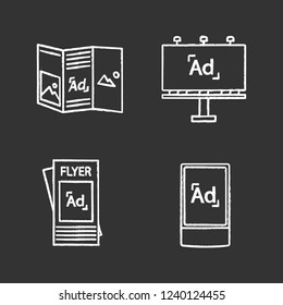 Advertising channels chalk icons set. Brochure, billboard, street advertising lightbox. Isolated vector chalkboard illustrations